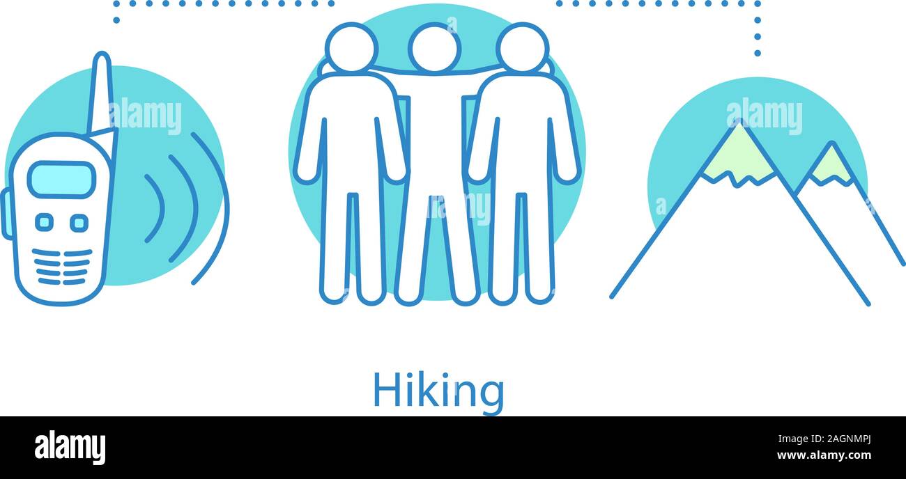 Hiking with friends concept icon. Outdoor recreation idea thin line ...