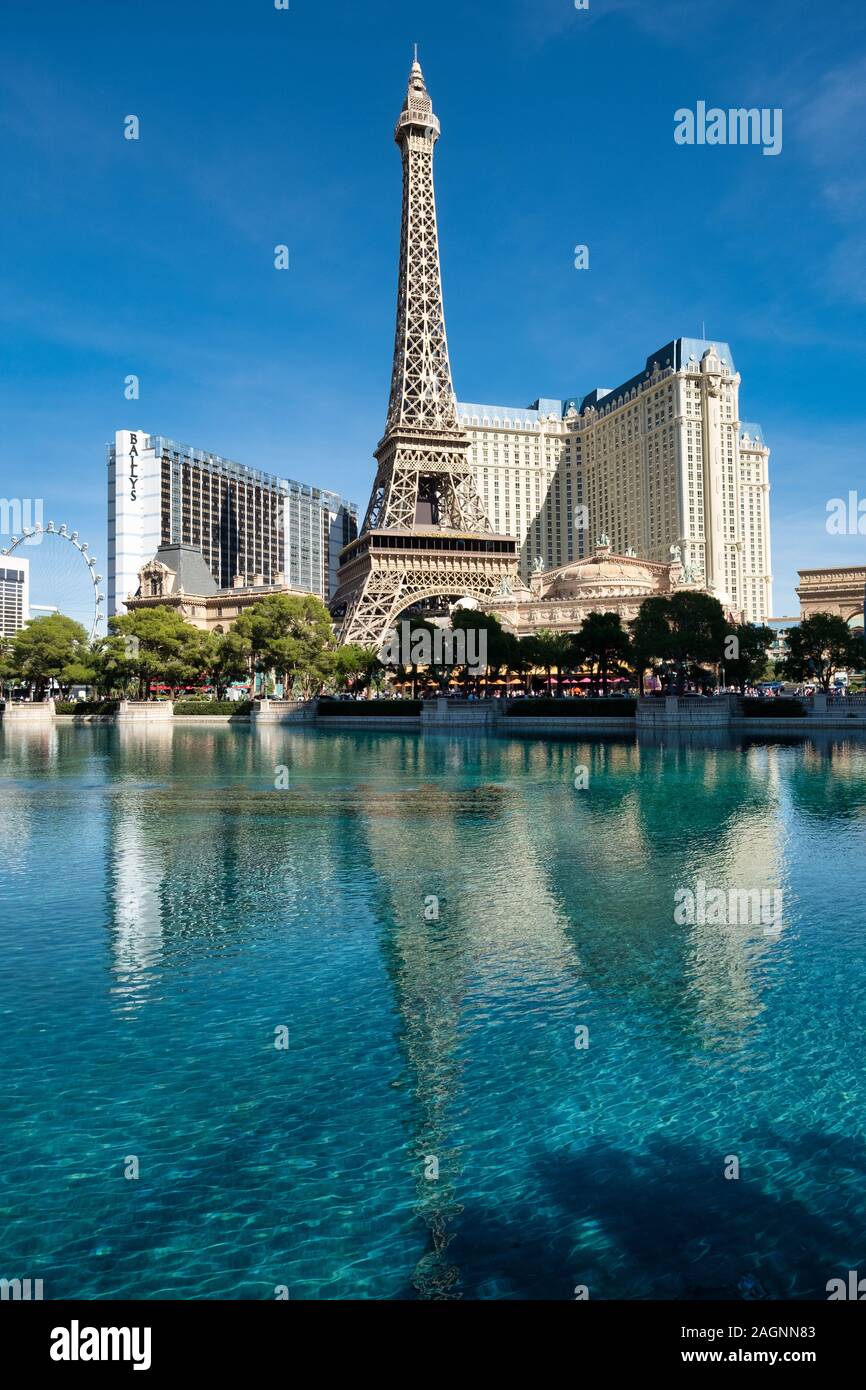Exterior view of the replica Eiffel Tower in front of the Paris Las Vegas Hotel and Casino, Las Vegas, Nevada, USA. Stock Photo