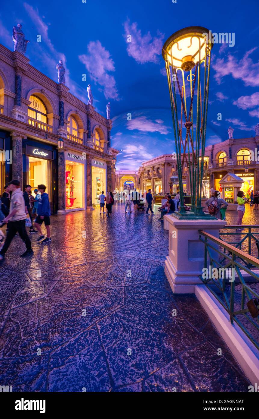 Statues and ornate decor in the interior of The Forum Shops luxury