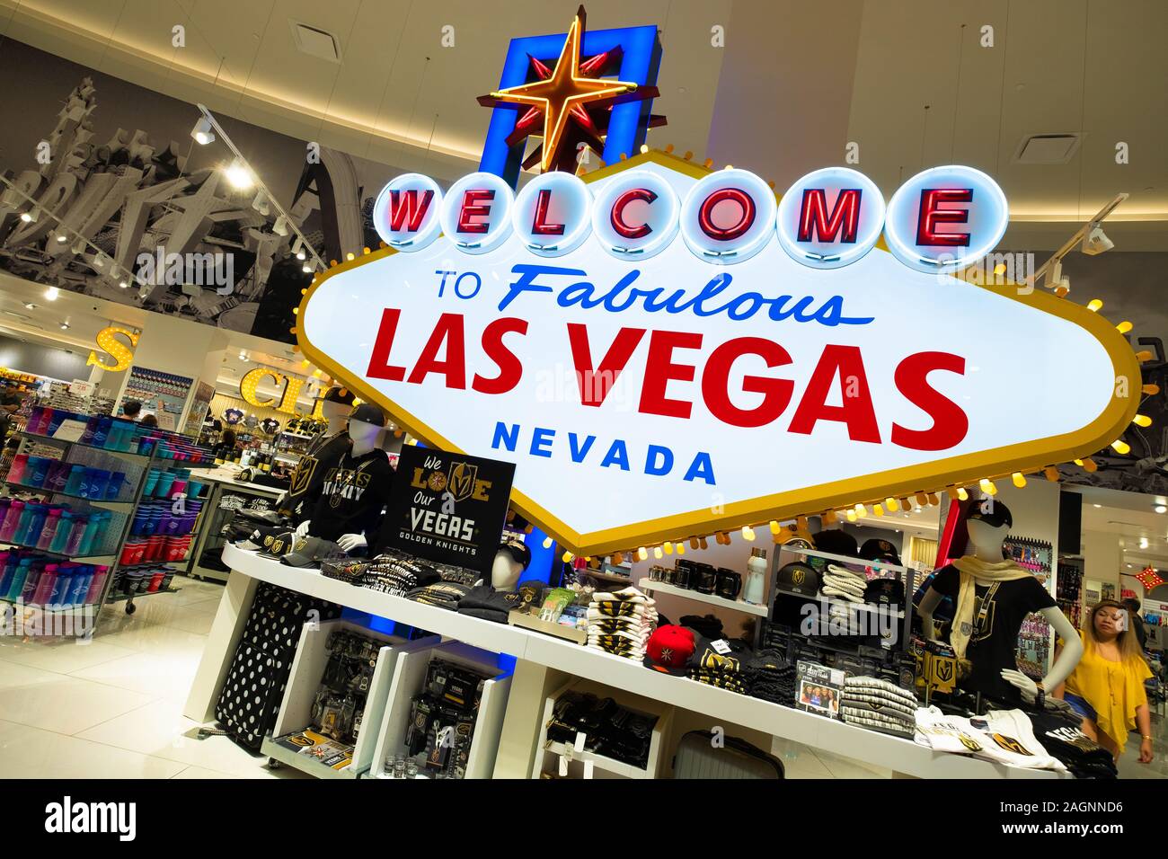 Interior shot of a large Las Vegas sign on display in a souvenir shop inside the Forum Shops, Las Vegas, Nevada, USA Stock Photo