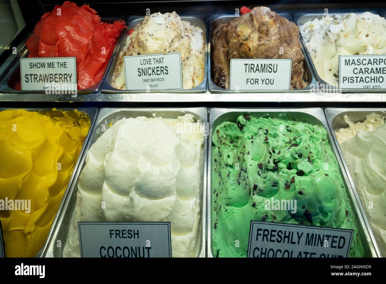 Classic italian gourmet gelato gelatto ice cream flavors on display in shop Stock Photo