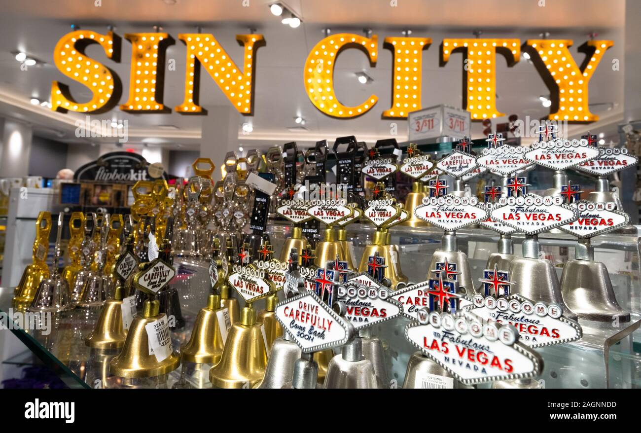 Interior shot of a large Sin City  sign on display in a souvenir shop inside the Forum Shops, Las Vegas, Nevada, USA Stock Photo