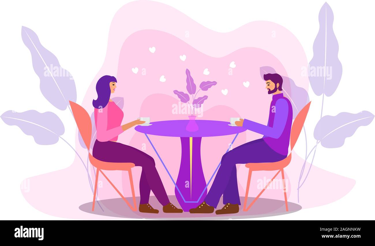 A guy and a girl are sitting at a table in a cafe drinking coffee. Woman  and man in a restaurant, first date, dating, love. Flat modern illustration  Stock Vector Image &