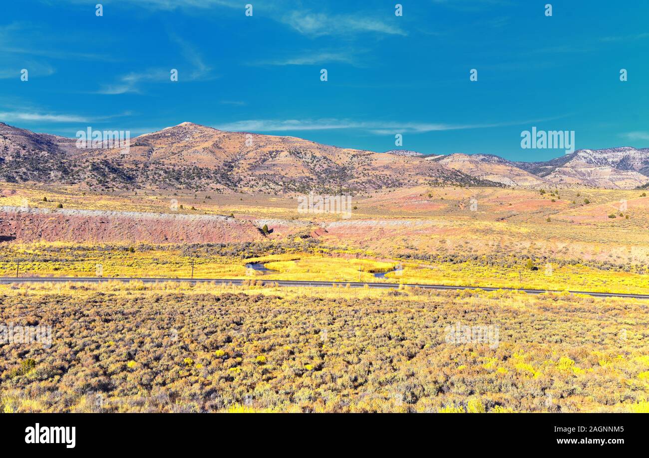 Panorama views of mountains, desert and landscape around Price Canyon Utah from Highway 6 and 191, by the Manti La Sal National Forest in the United S Stock Photo