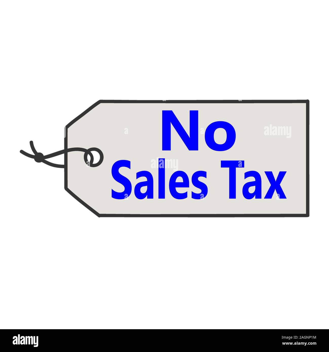 No sales tax illustration has a gift tag and blue text on a white