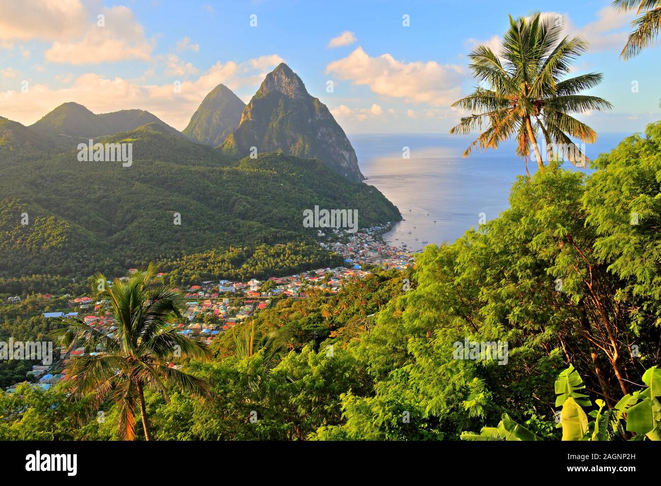Tropical landscape with view of the village and the two Pitons, Gros