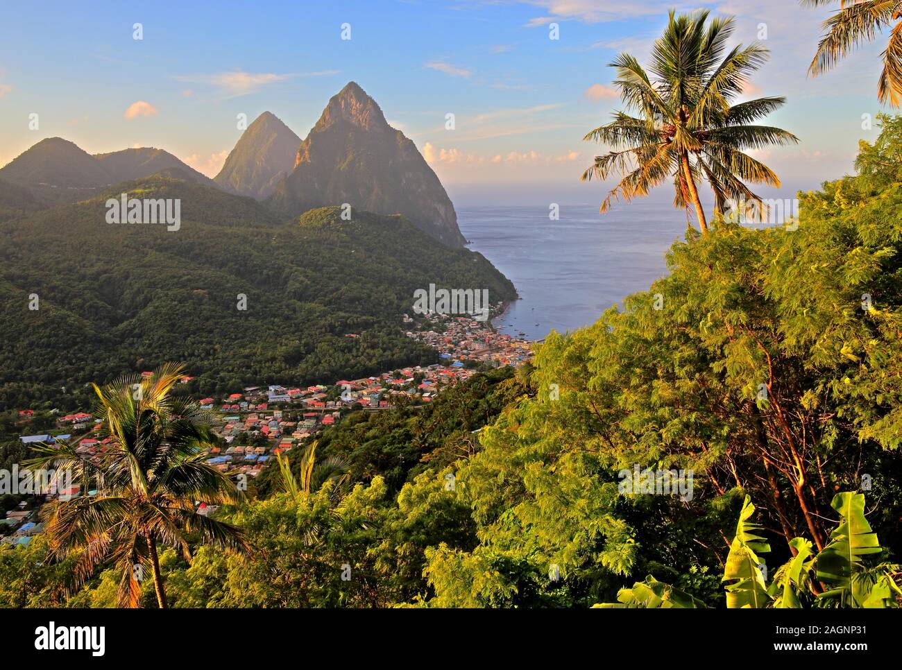 Tropical landscape with view of the village and the two Pitons, Gros