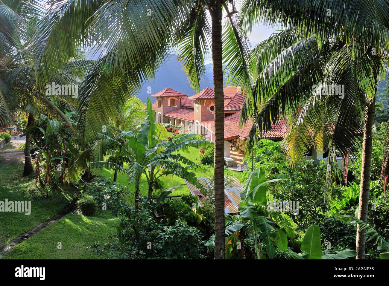 Tropical garden with Villa des La Haut Resorts, Soufriere, St. Lucia, Lesser Antilles, West Indian Islands, Caribbean Stock Photo