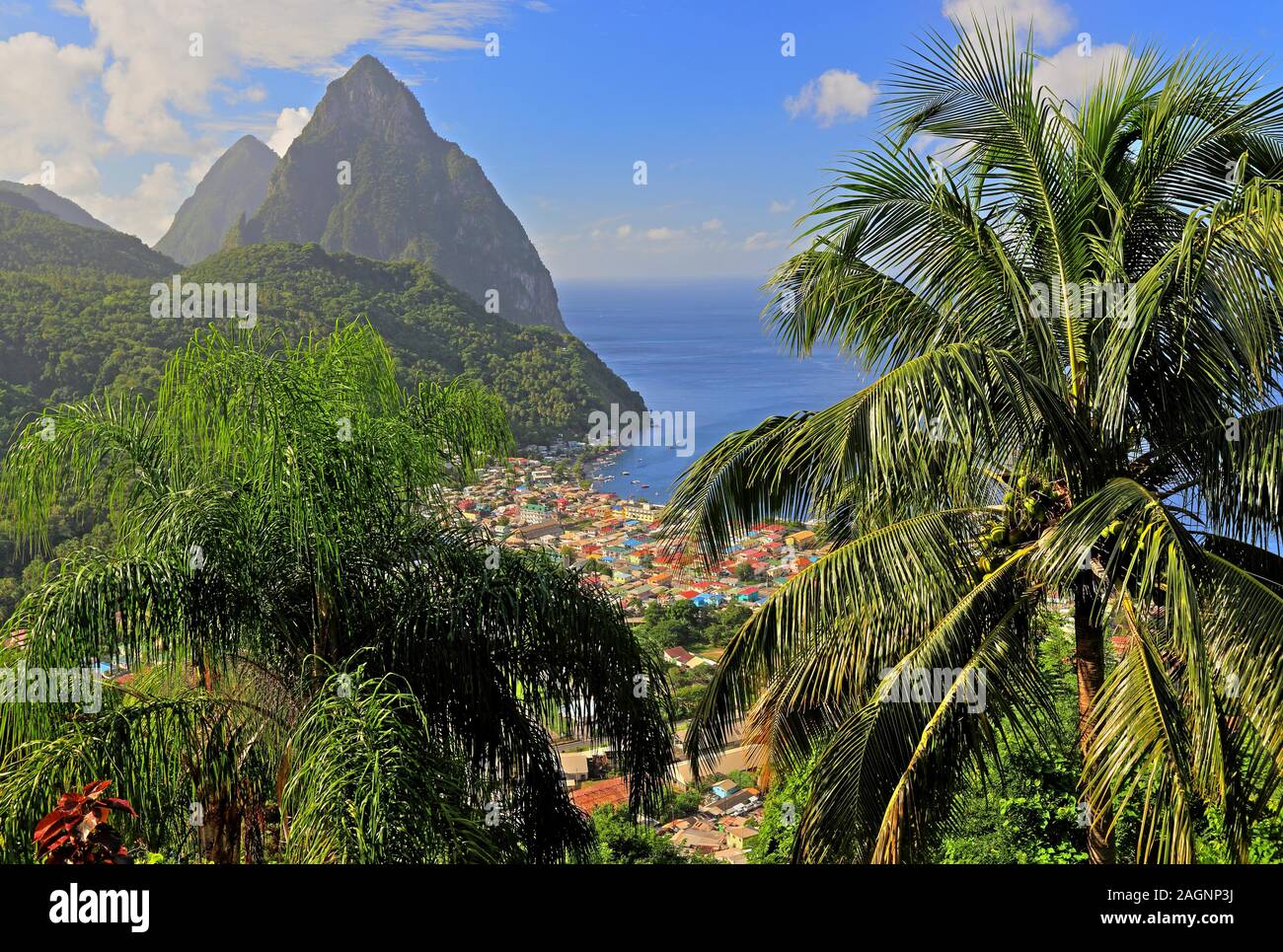 View of the village and the two Pitons, Gros Piton 770m and Petit Piton