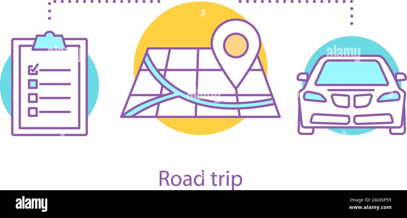 Tourism concept icon. Traveling by car idea thin line illustration. Road trip. Vacation. Vector isolated outline drawing Stock Vector