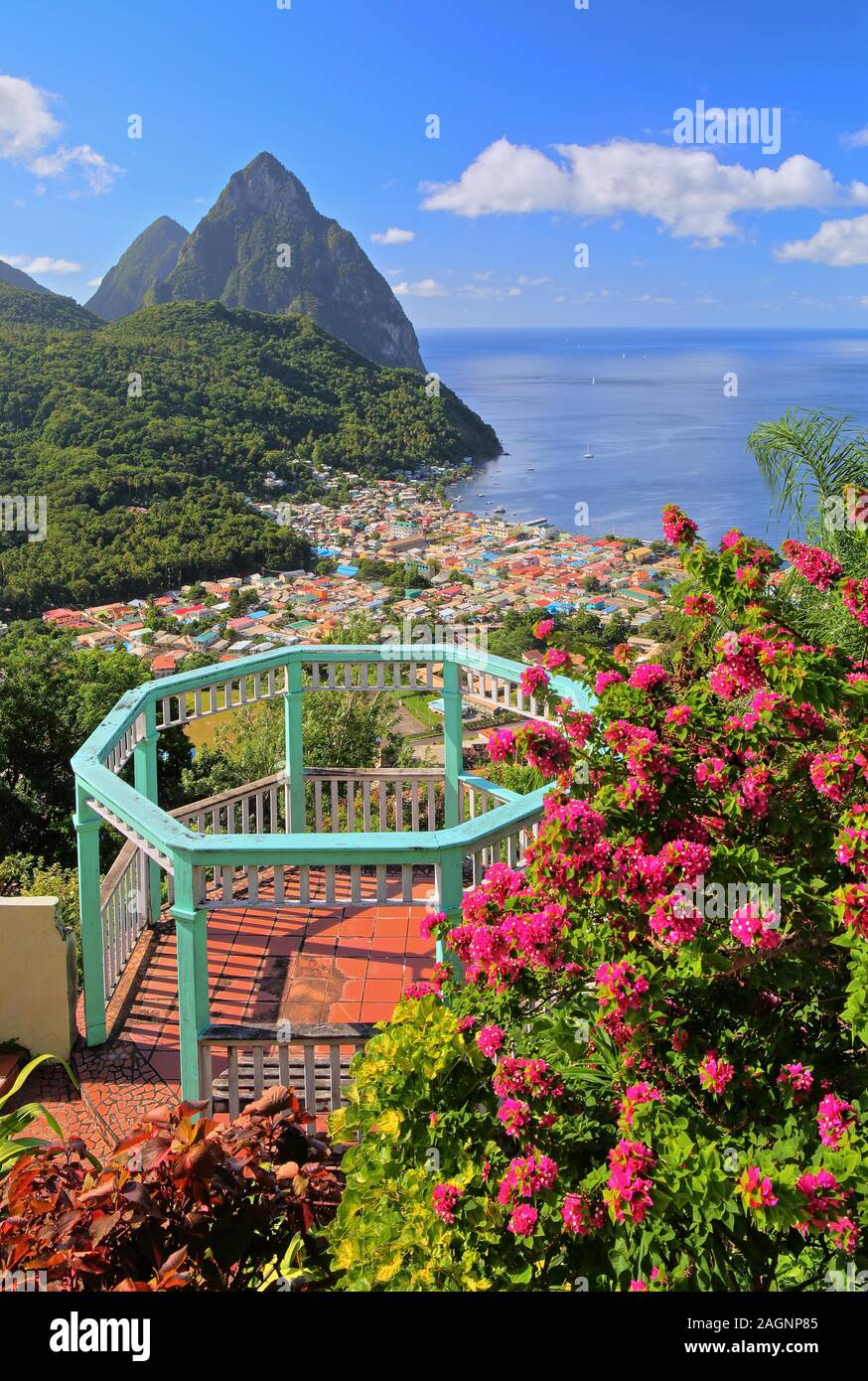 View of the village and the two Pitons, Gros Piton 770m and Petit Piton