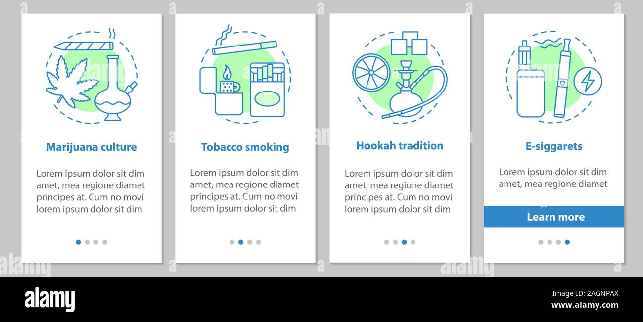 Smoking onboarding mobile app page screen with concepts. Marijuana culture, tobacco smoking, e-cigarettes, hookah tradition steps graphic instructions Stock Vector