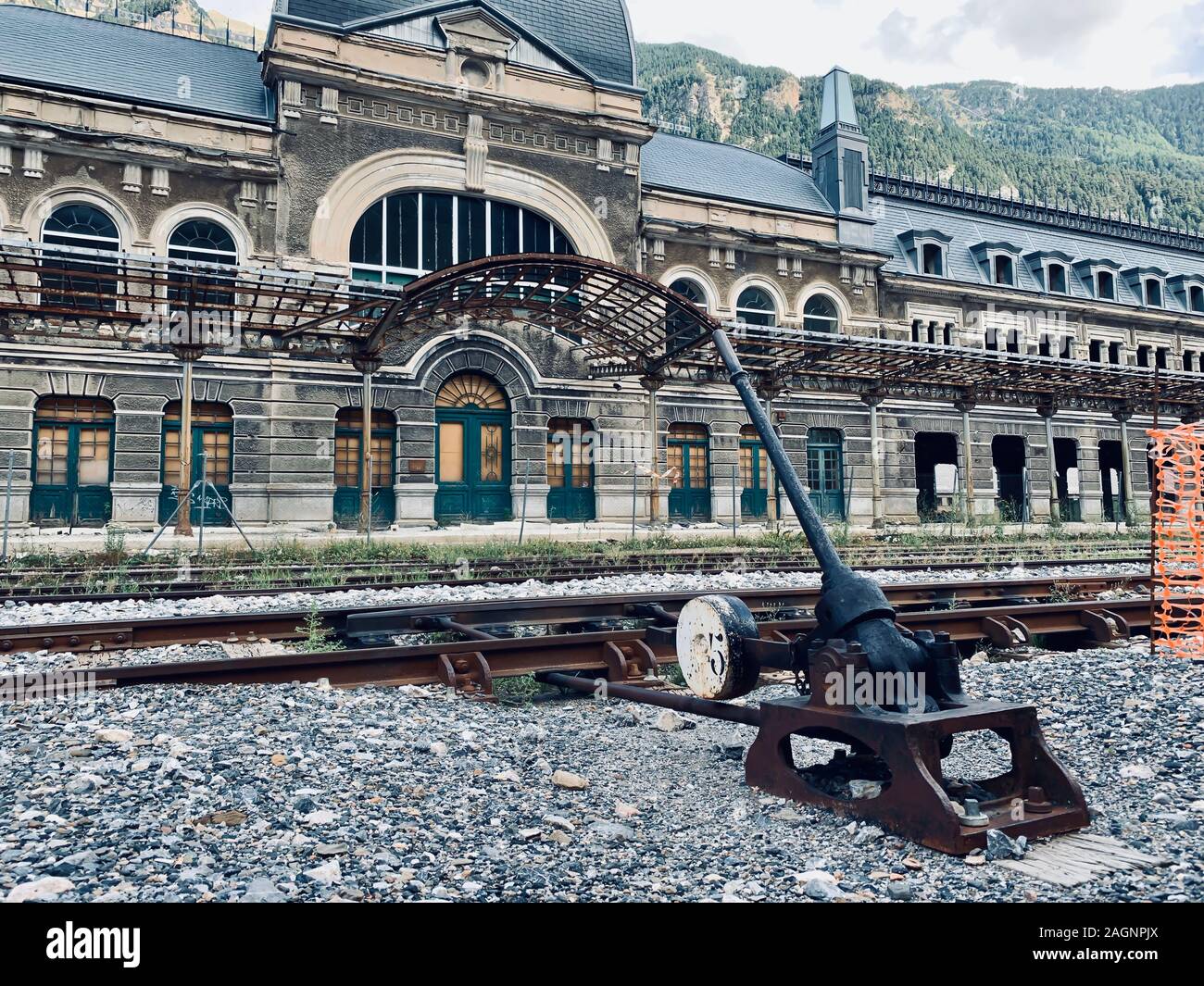 CANFRANC, SPAIN - JUN 2019: Abandoned Canfranc International railway station in the Spanish Pyrenees, Spain Stock Photo