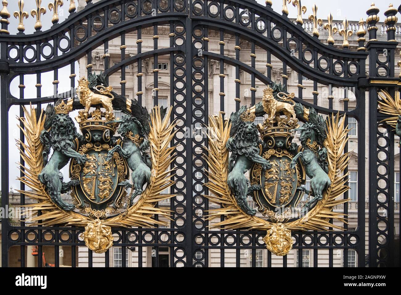 London, United Kingdom - October, 2018: Close up of the iron decorations on the Gates of Buckingham Palace, the residence of British royal family in t Stock Photo