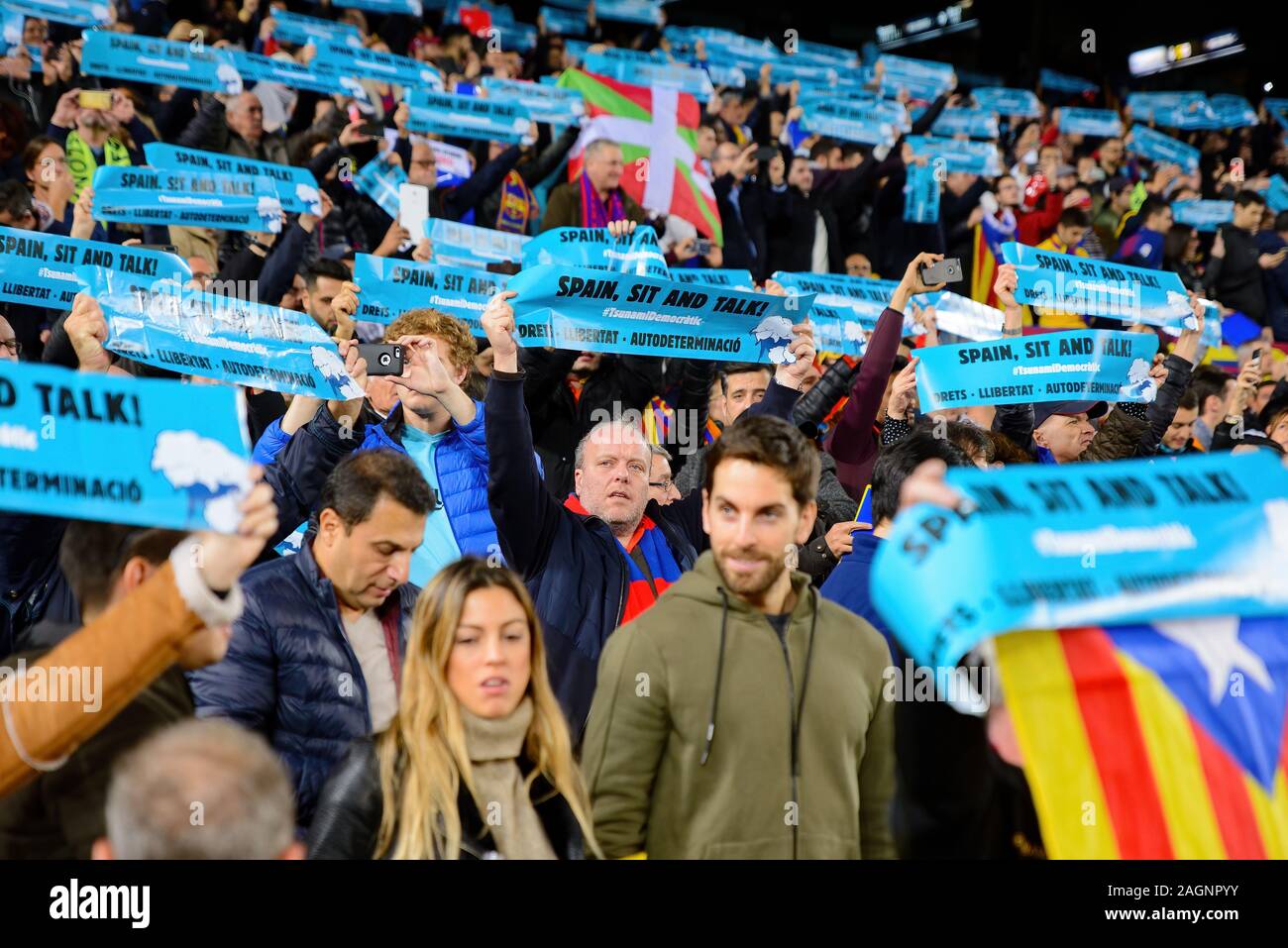BARCELONA DEC 18 A fan shows a banner pro Catalonia