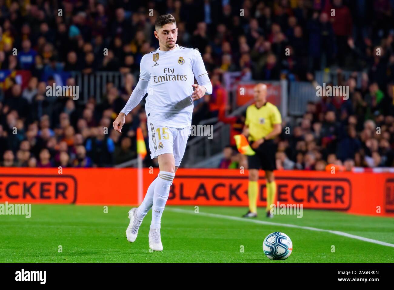 BARCELONA - DEC 18: Federico Valverde plays at the La Liga match between FC Barcelona and Real Madrid at the Camp Nou Stadium on December 18, 2019 in Stock Photo