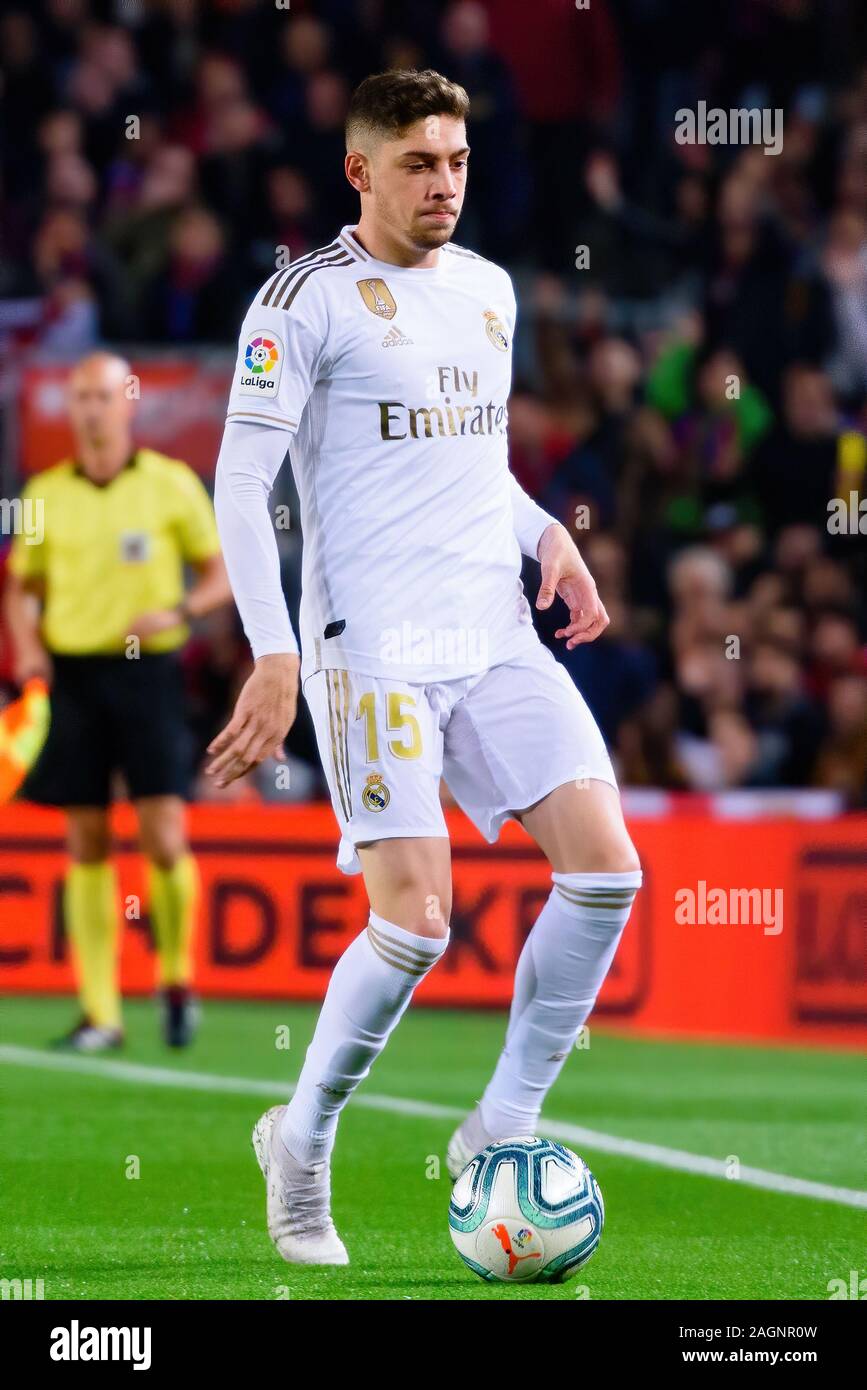 BARCELONA - DEC 18: Federico Valverde plays at the La Liga match between FC Barcelona and Real Madrid at the Camp Nou Stadium on December 18, 2019 in Stock Photo