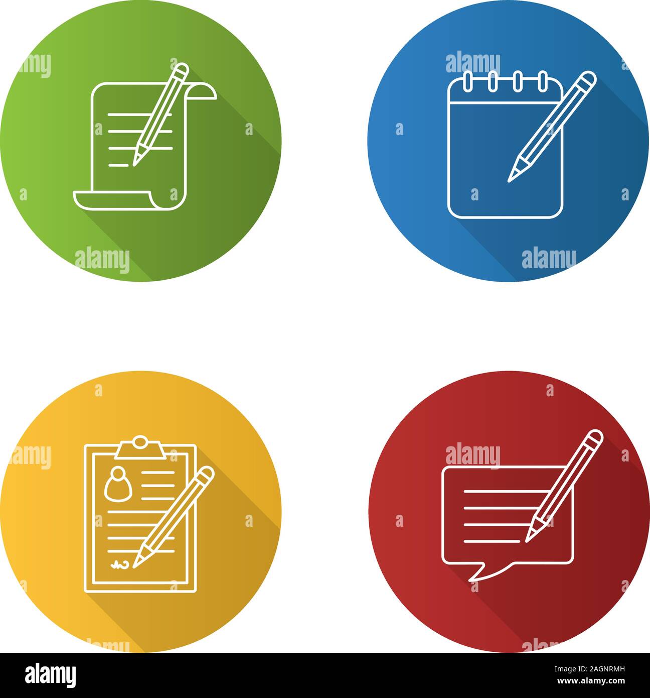Writing with pencil flat linear long shadow icons set. Paper scroll, notepad, signed document, writing message. Vector outline illustration Stock Vector