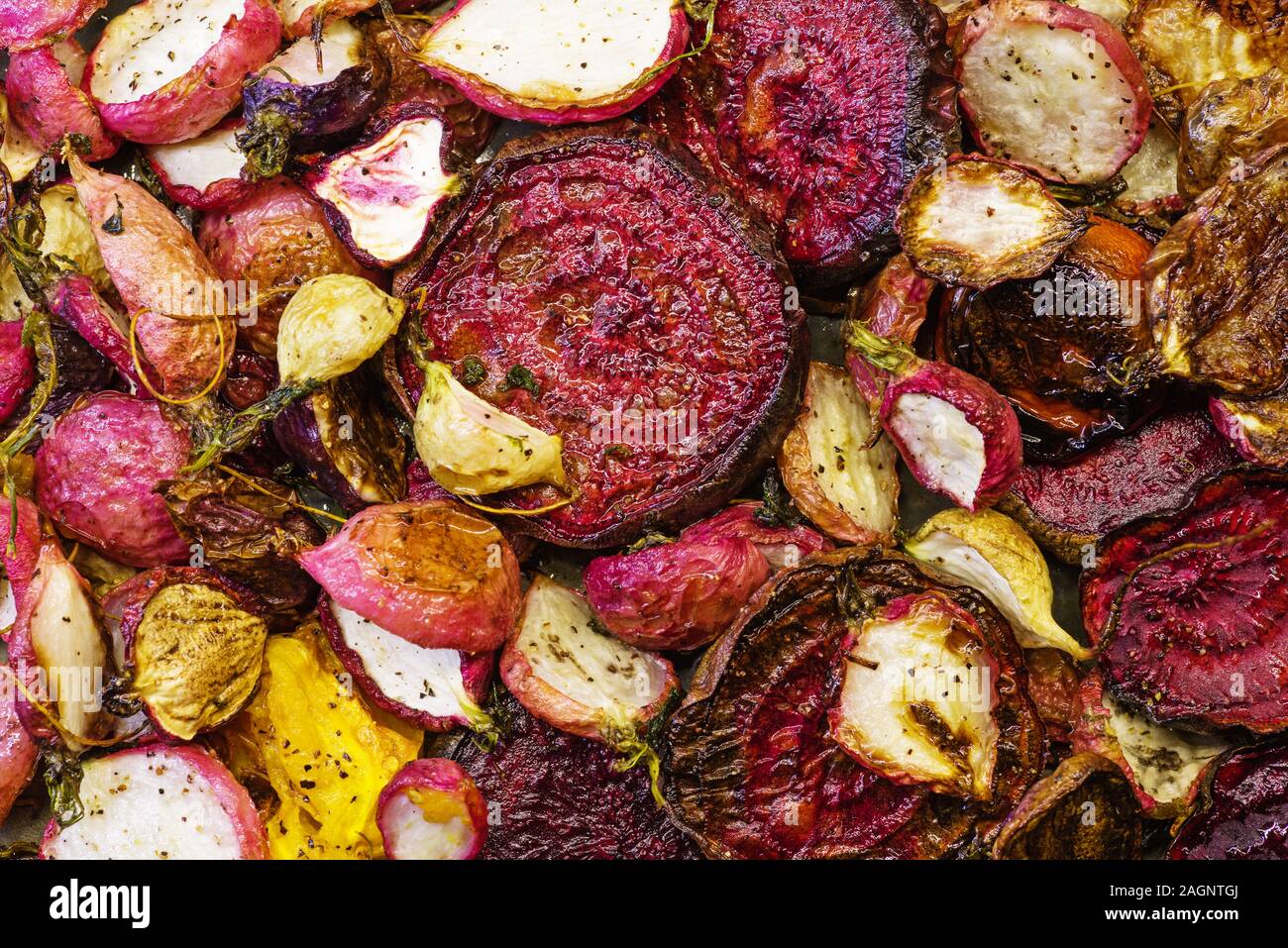 roasted root vegetables including beets and radishes Stock Photo - Alamy