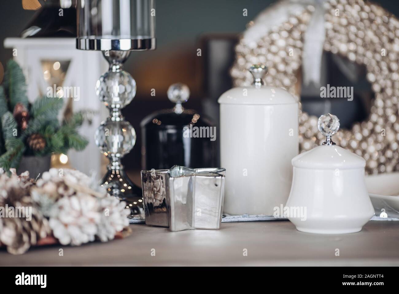 Beautiful Christmas Wreath From Decorative Pearls On Table Stock