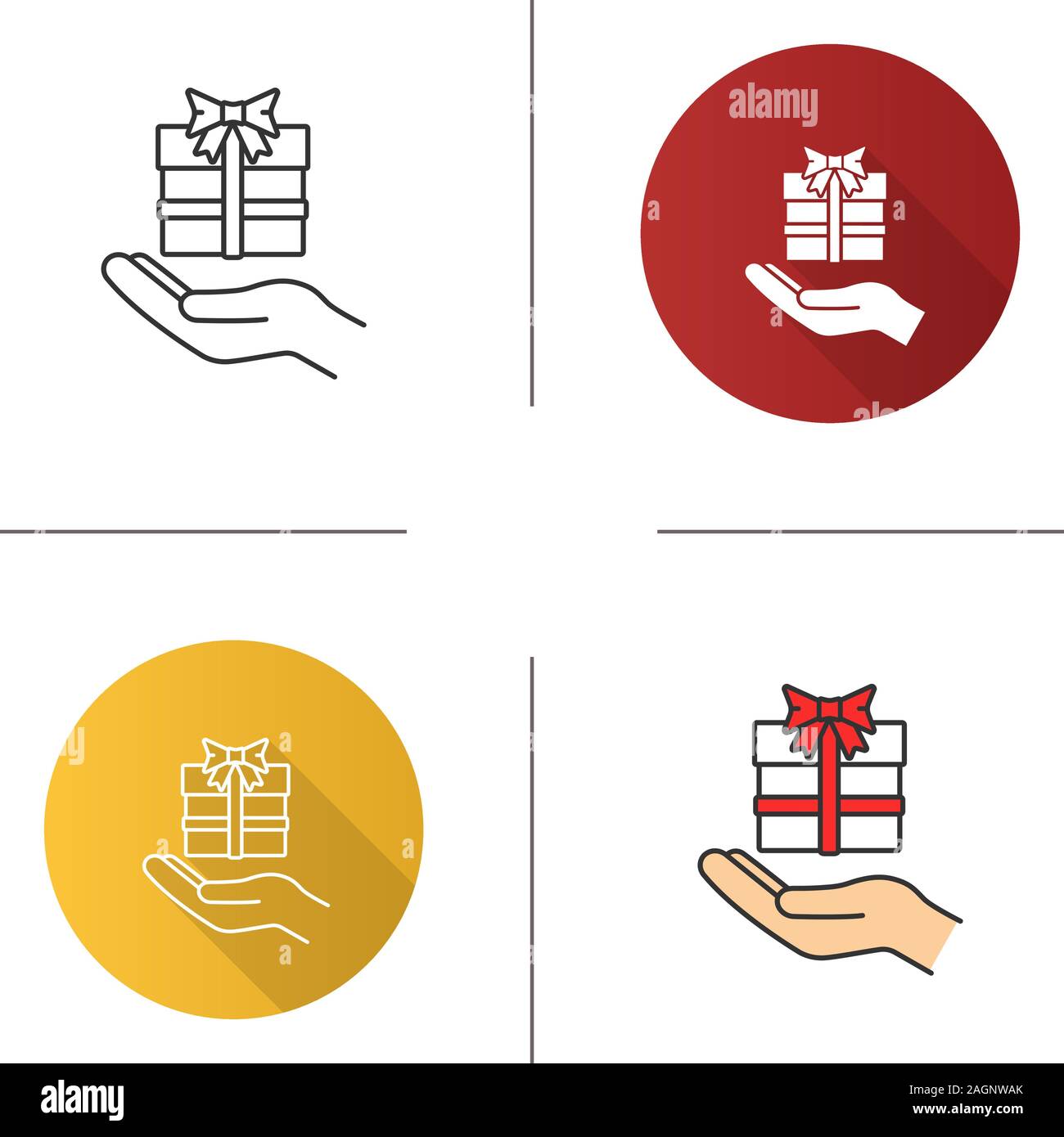 Present icon. Flat design, linear and color styles. Open hand with gift ...