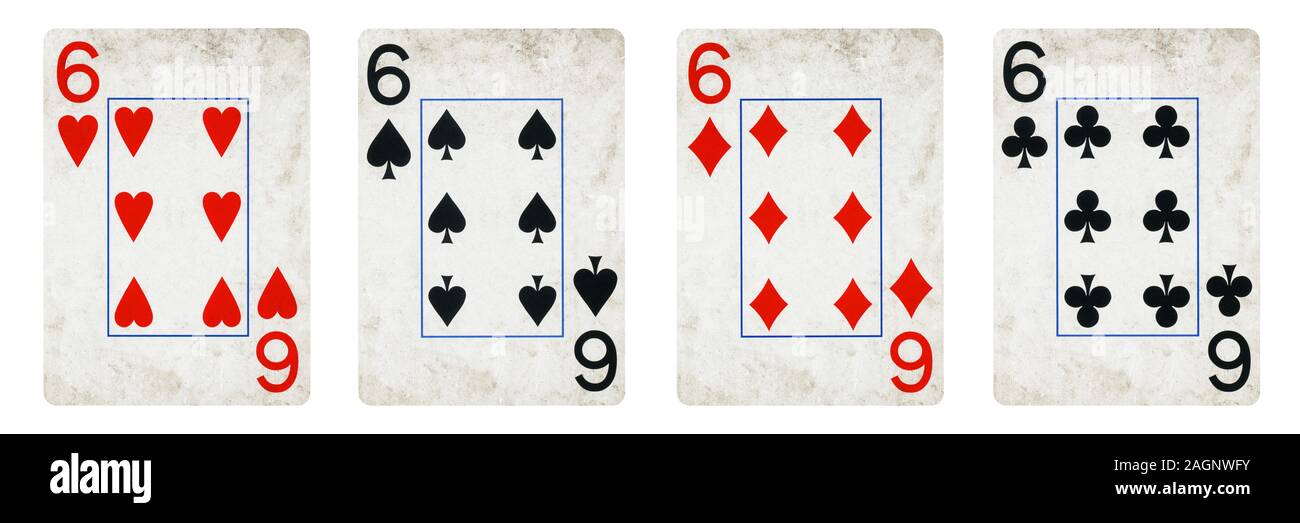 Four Vintage Playing Cards Isolated on White Background, Showing Six from Each Suit - Hearts, Clubs, Spades and Diamonds Stock Photo