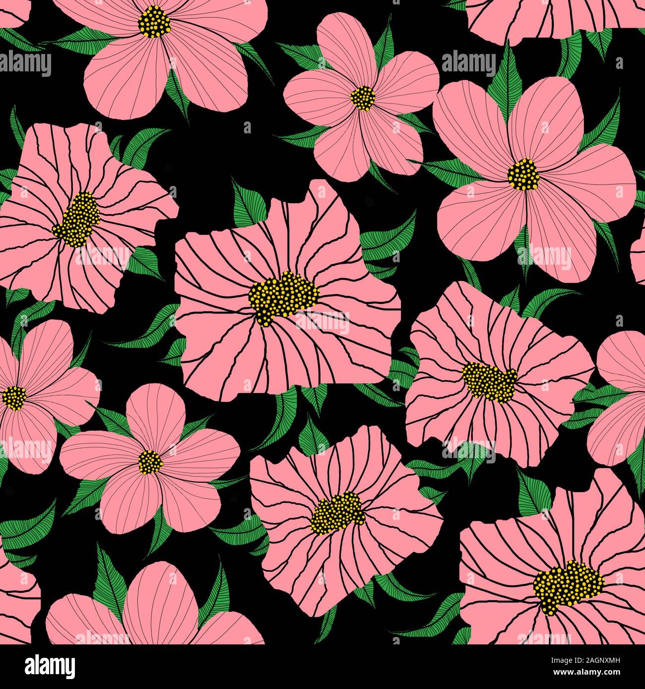 Hand drawn artistic cute flowers and leaves on black background.Pink