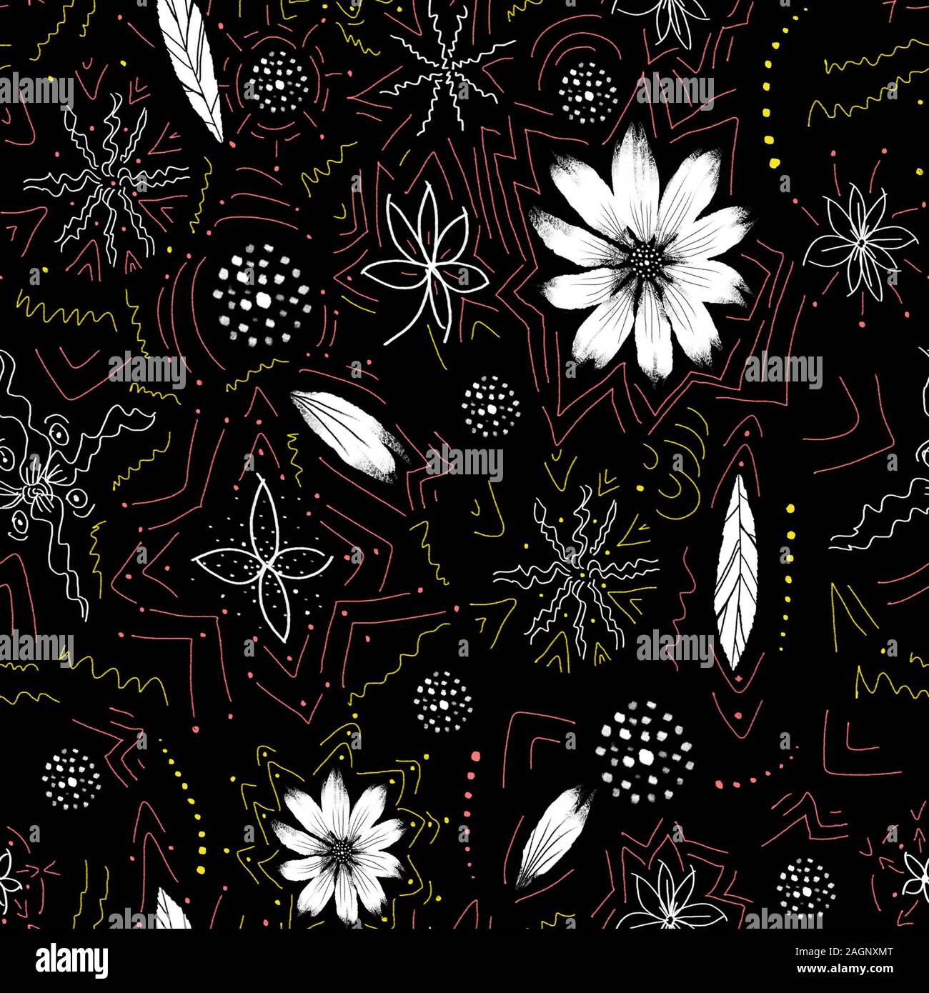 Seamless hand drawn flowers and leaves pattern on black background ...
