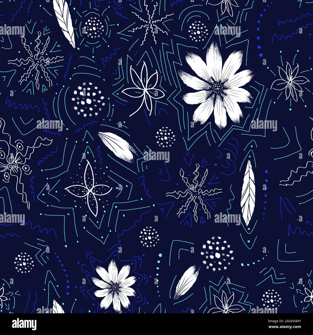 Seamless hand drawn flowers and leaves pattern on black background ...