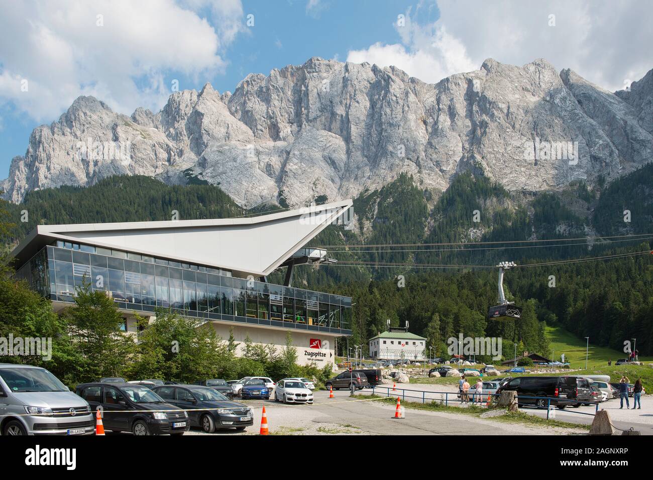 Garmisch Partenkirchen, Bavaria, Germany -July 18, 2019; Station of the cable car of the Zugspitze the highest mountain of Germany a populair hiking a Stock Photo