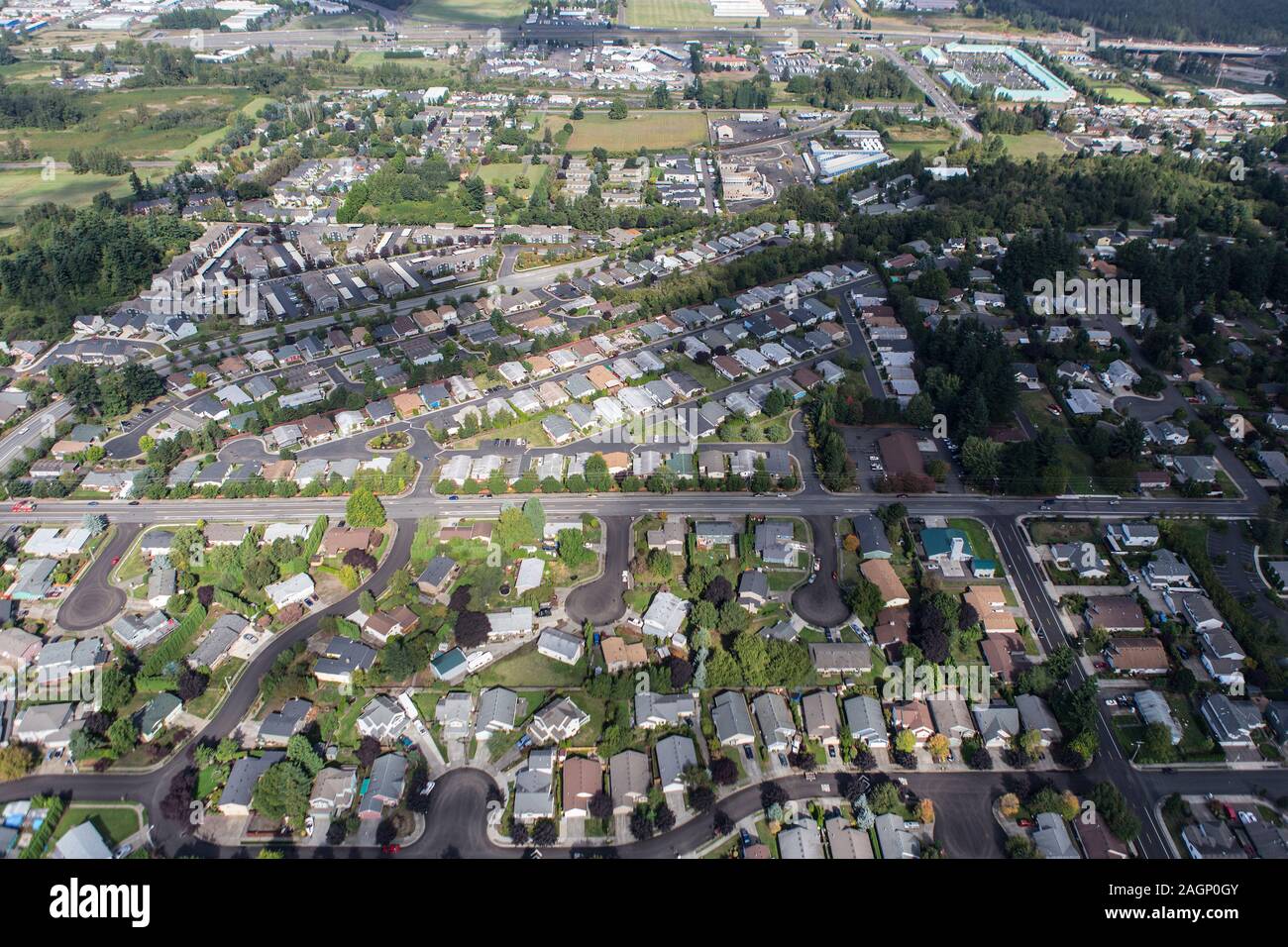 Aerial view of suburban houses, homes, streets and cul-de-sacs near Portland, Oregon, USA. Stock Photo