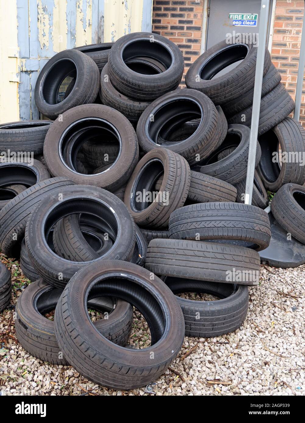 Tyre disposal and dumping of tyres in a pile, best practice rubber Tire recycling Stock Photo