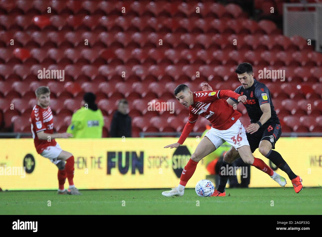 MIDDLESBROUGH, ENGLAND - DECEMBER 20TH Stephen Walker of Middlesbrough in action with Stoke City's Danny Batth during the Sky Bet Championship match between Middlesbrough and Stoke City at the Riverside Stadium, Middlesbrough on Friday 20th December 2019. (Credit: Mark Fletcher | MI News) Photograph may only be used for newspaper and/or magazine editorial purposes, license required for commercial use Credit: MI News & Sport /Alamy Live News Stock Photo