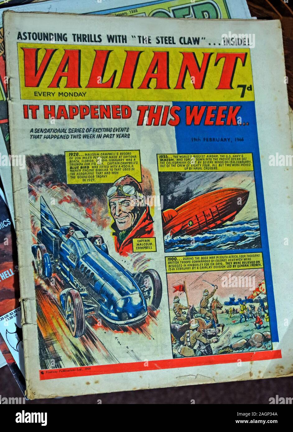 Copy of the Valiant Comic 19th February 1966,it happened this week,Captain Malcolm Campbell, land speed record,Macon Airship,1935 Stock Photo