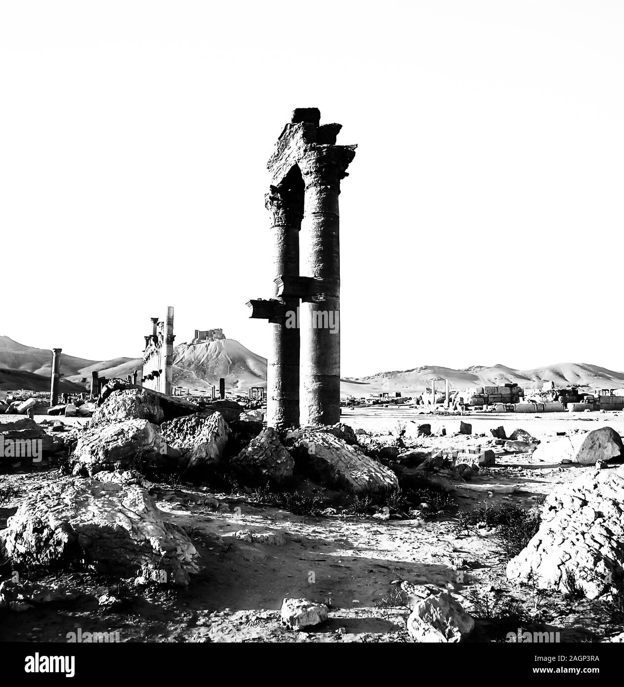 Syria. The ruins of the Roman city of Palmyra in monochrome, built ...