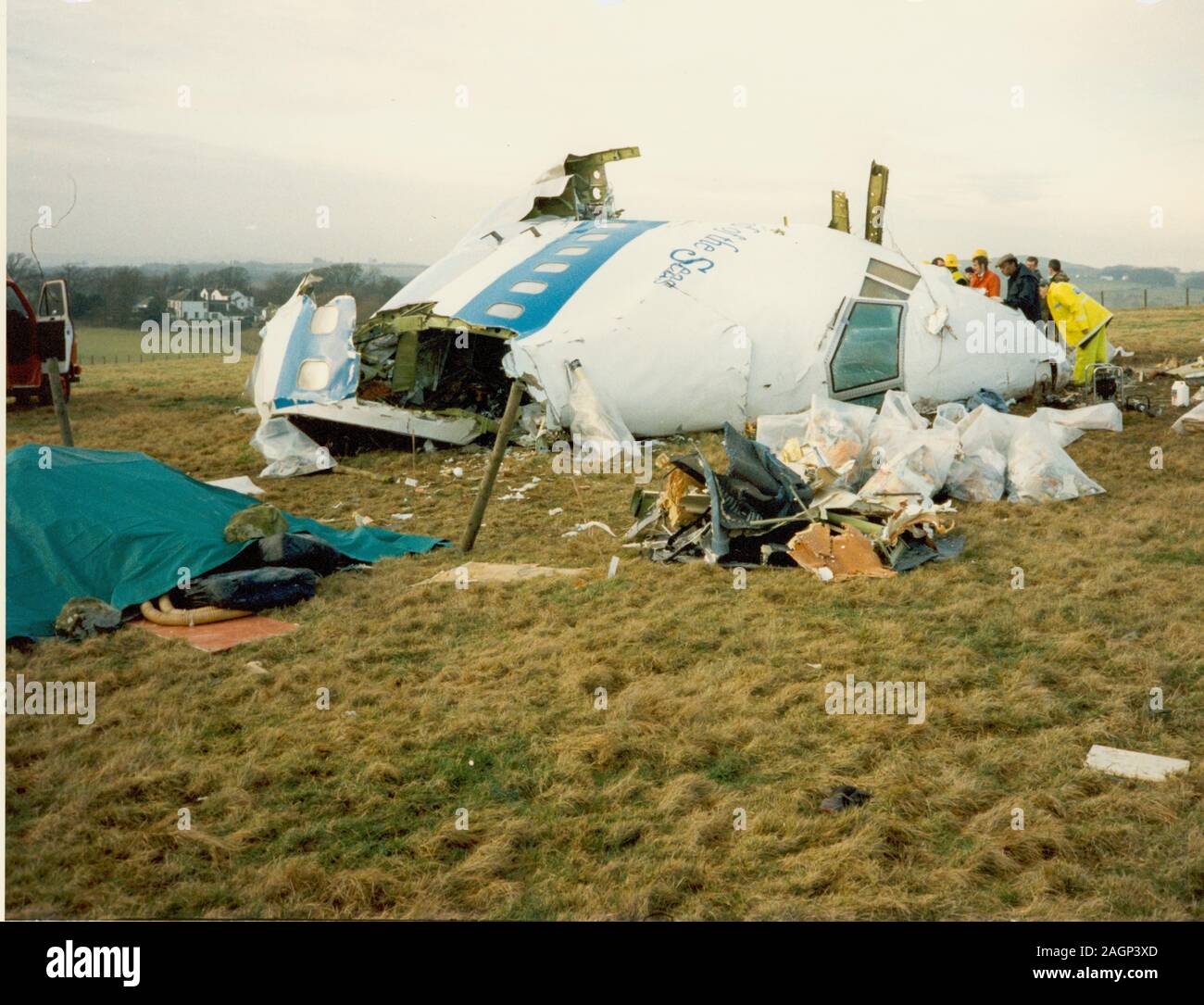 Pan Am Flight 103 Wreckage. Pan Am Flight 103 was a regularly scheduled Pan Am transatlantic flight from Frankfurt to Detroit via London and New York. On 21 December 1988, N739PA, the aircraft operating the transatlantic leg of the route was destroyed by a bomb, killing all 243 passengers and 16 crew in what became known as the Lockerbie bombing. Large sections of the aircraft crashed onto a residential street in Lockerbie, Scotland, killing 11 people on the ground. With a total of 270 people killed, it is the deadliest terror attack in the history of the United Kingdom. Stock Photo