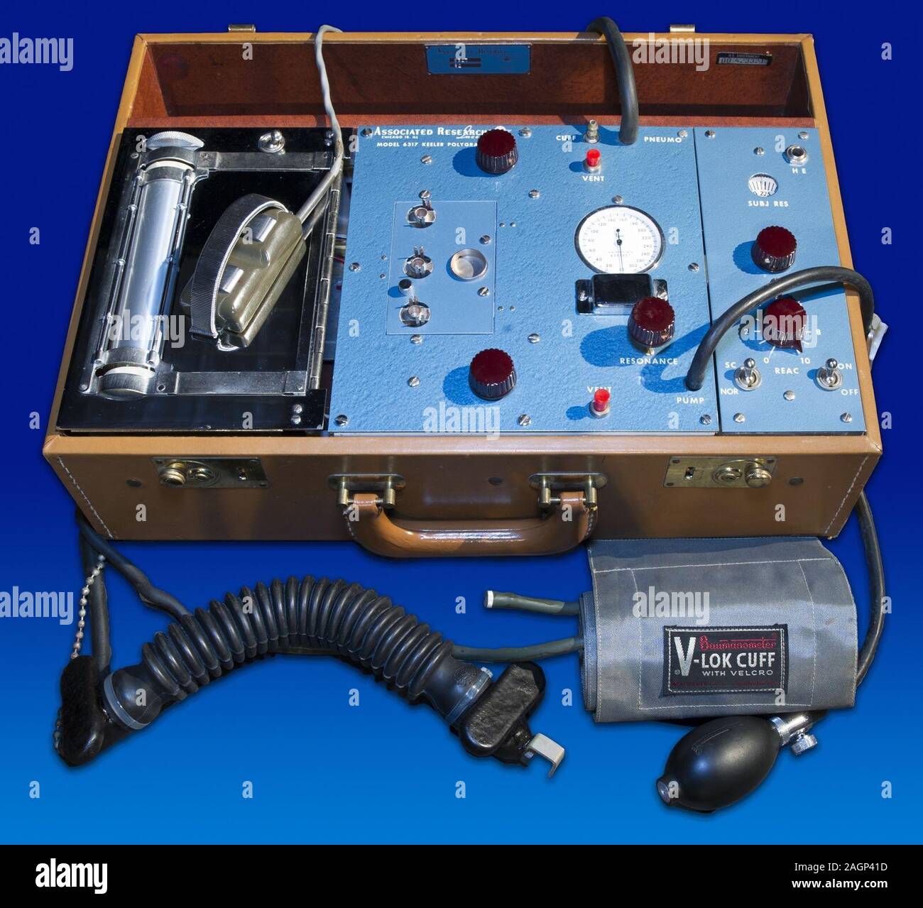 The polygraph machine used to interview Jack Ruby - Lee Harvey Oswald's killer. A polygraph, popularly referred to as a lie detector test, is a device or procedure that measures and records several physiological indicators such as blood pressure, pulse, respiration, and skin conductivity while a person is asked and answers a series of questions. Stock Photo