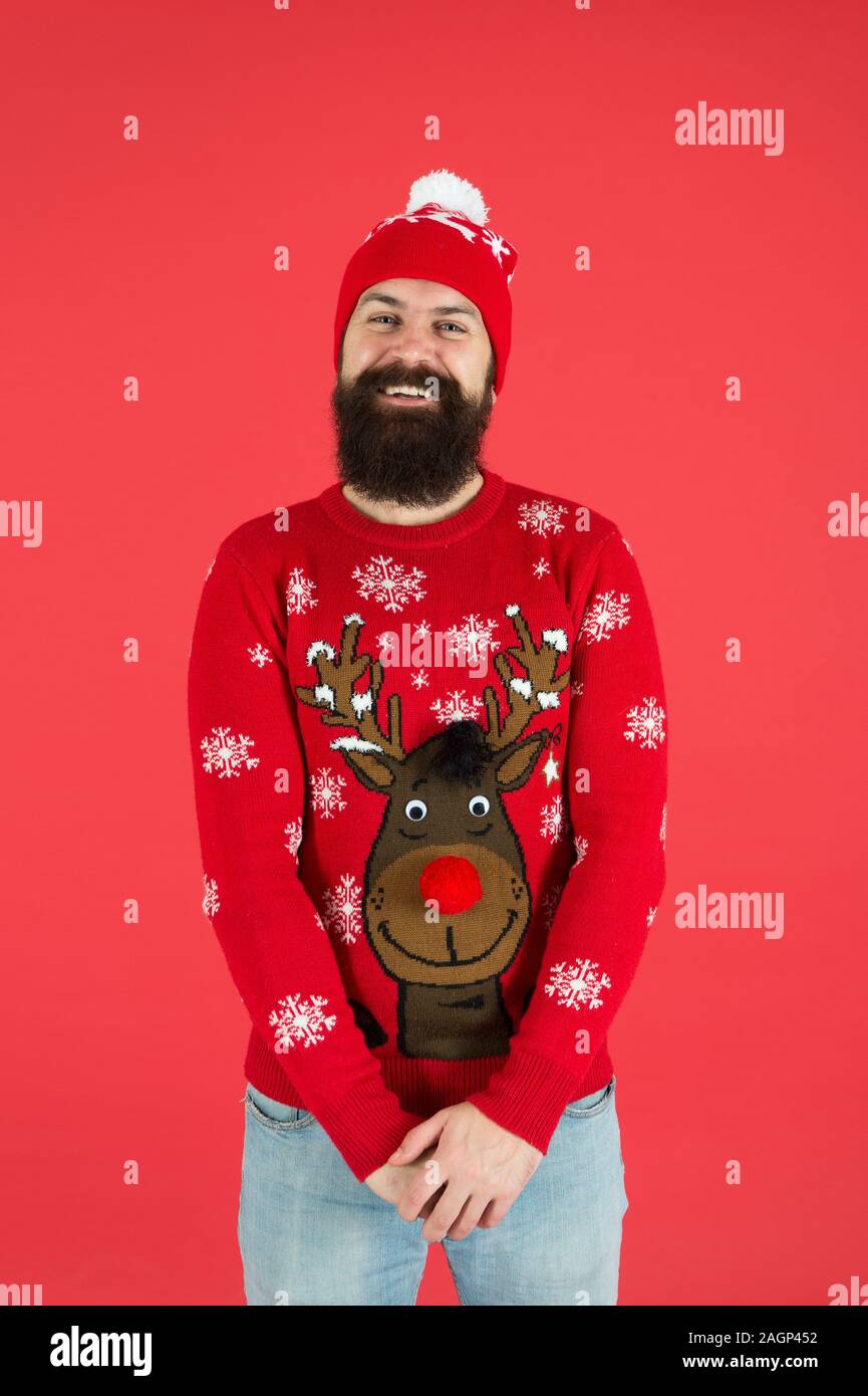 feeling childlike. happy mature man celebrate christmas new year party starts right now. expecting santa present. xmas holiday preparation. shy and indefatigable. man in funny reindeer sweater. Stock Photo