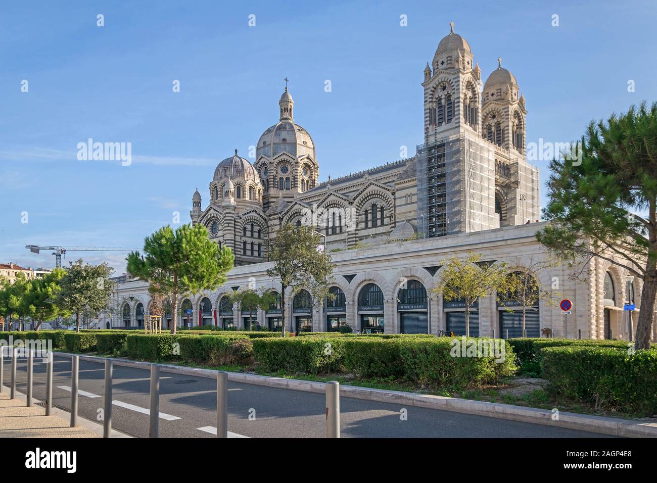 Marseille, France - November 1, 2019: Boulevard Jacques Saade and the new Cathedral of Saint Mary Major or Marseille Cathedral, the seat of the Archdi Stock Photo