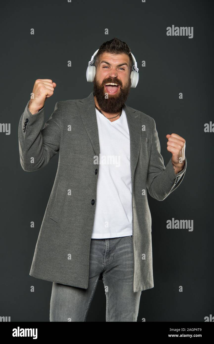 Hear My Voice Bearded Man Enjoy Singing To Vocal Melody Happy Hipster Do Vocal On Song Grey 