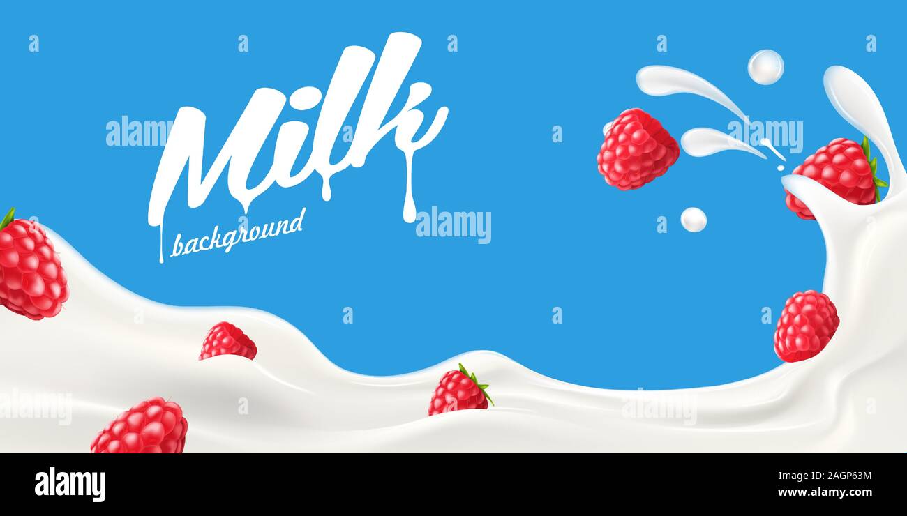 Splashing milk wave with raspberry vector illustration Stock Vector