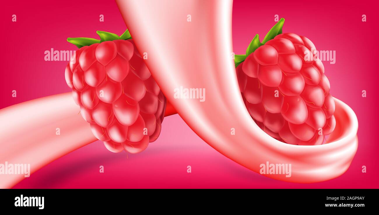 Raspberry in cream or yogurt swirl. Vector illustration for milk products and beverage design high quality art Stock Vector