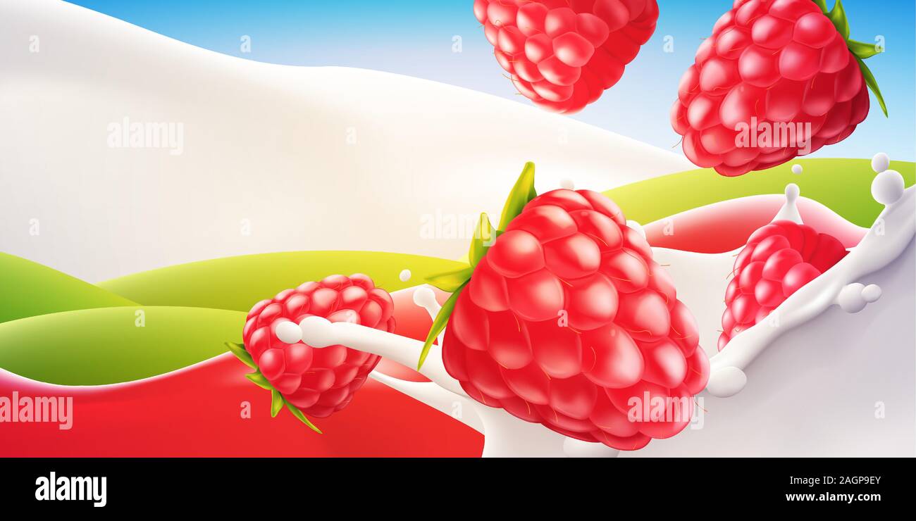 Raspberry in milk High quality vector realistic illustration Stock