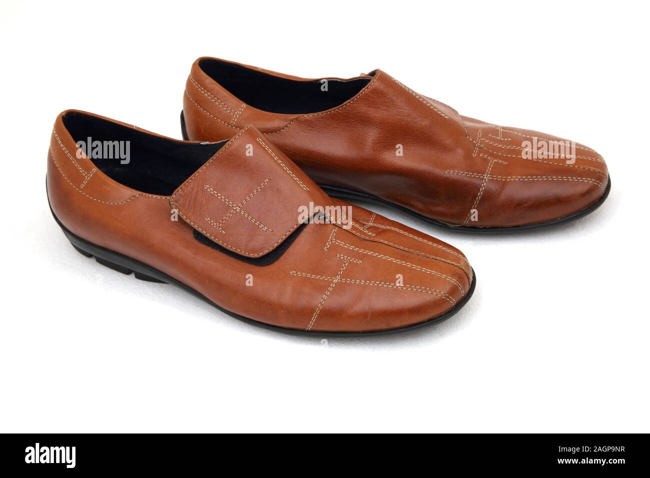 A Pair of Argentinian Tan Leather Shoes with Velcro Fastening Stock Photo