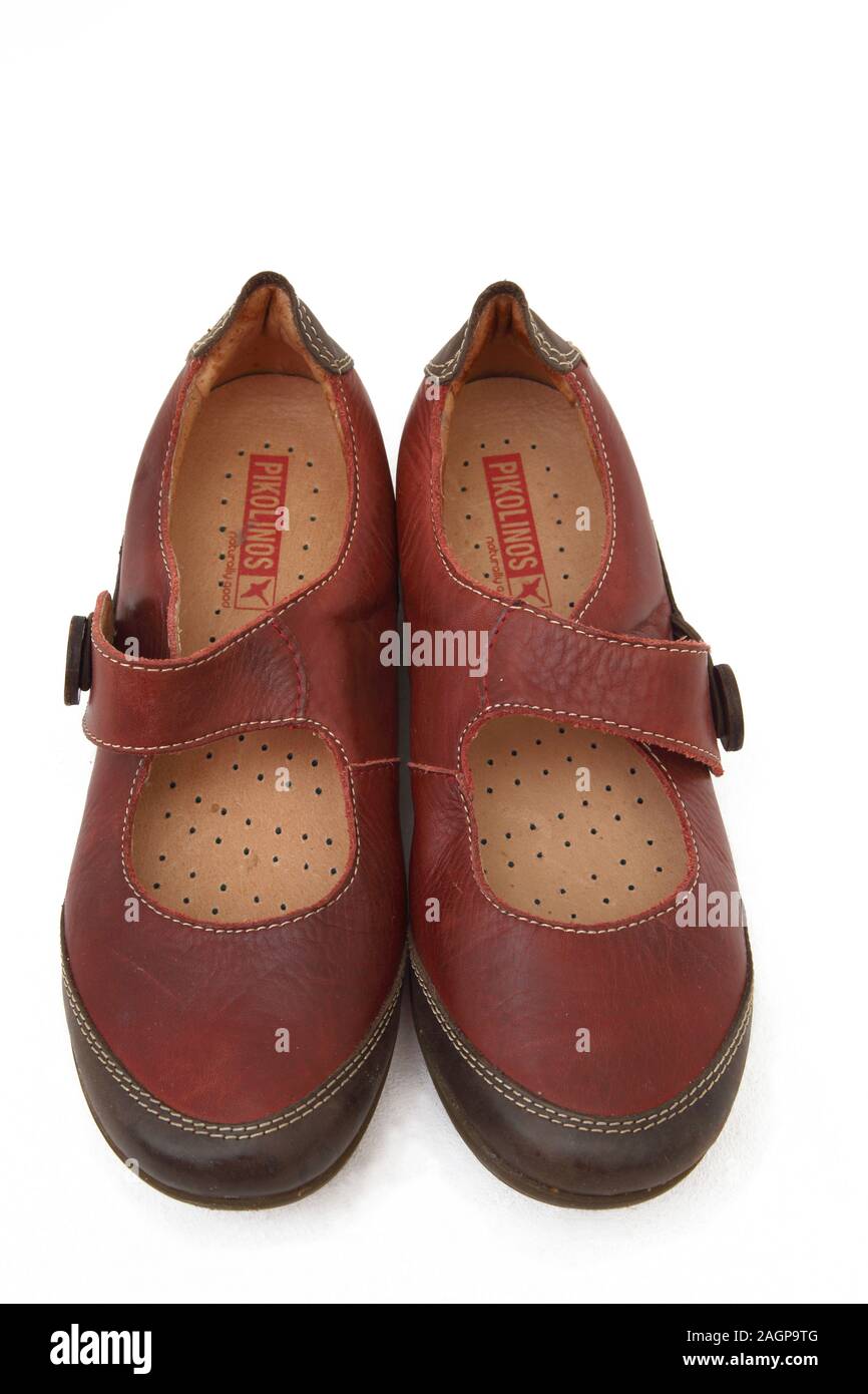 A Pair of Red Pikolinos Mary Jane Shoes Stock Photo