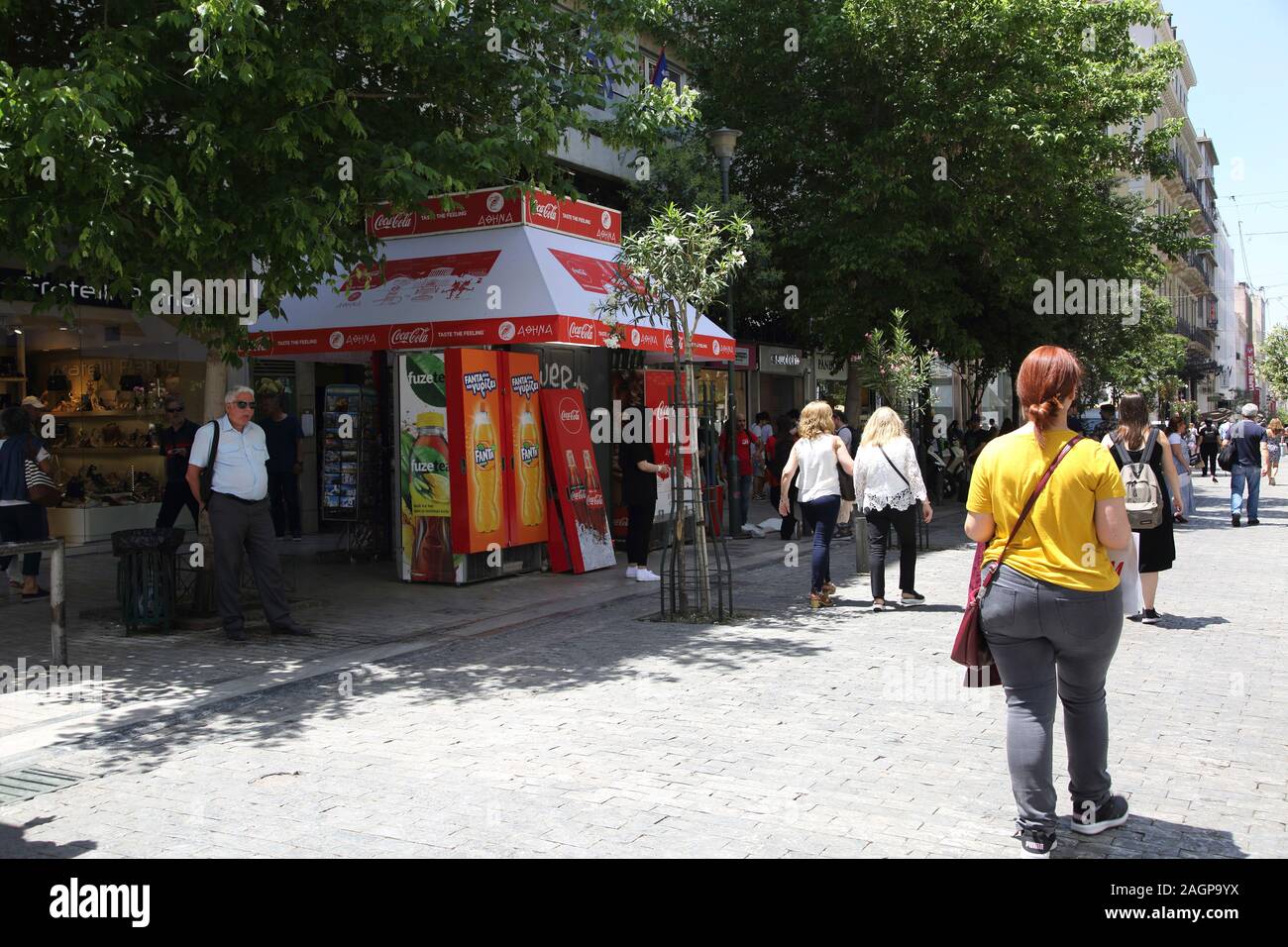 Athens Greece Ermou Street People Shopping Coca Cola Kiosk Stock Photo