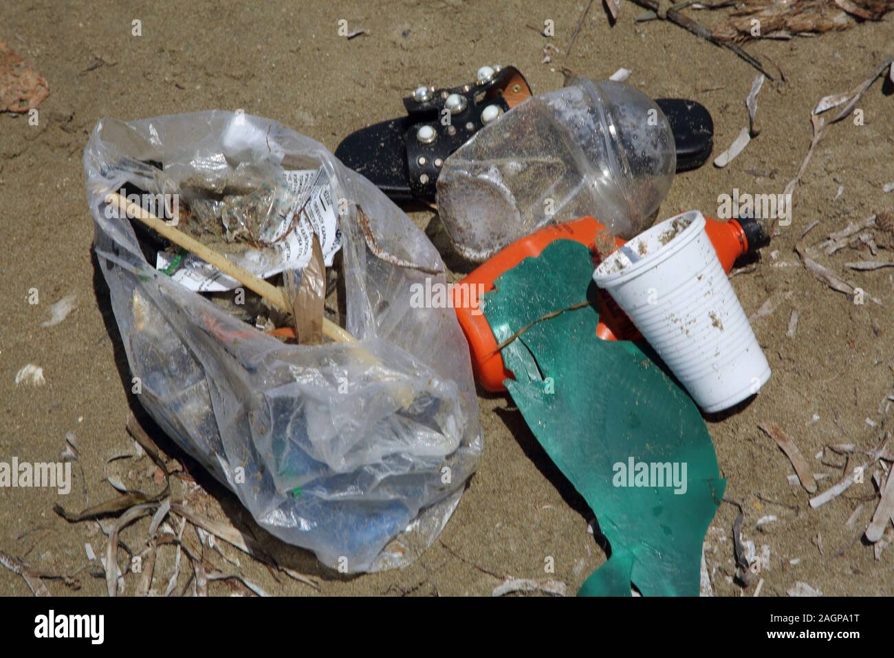 Vouliagmeni Attica Greece Vouliagmeni Beach Plastic washed up on Beach Stock Photo