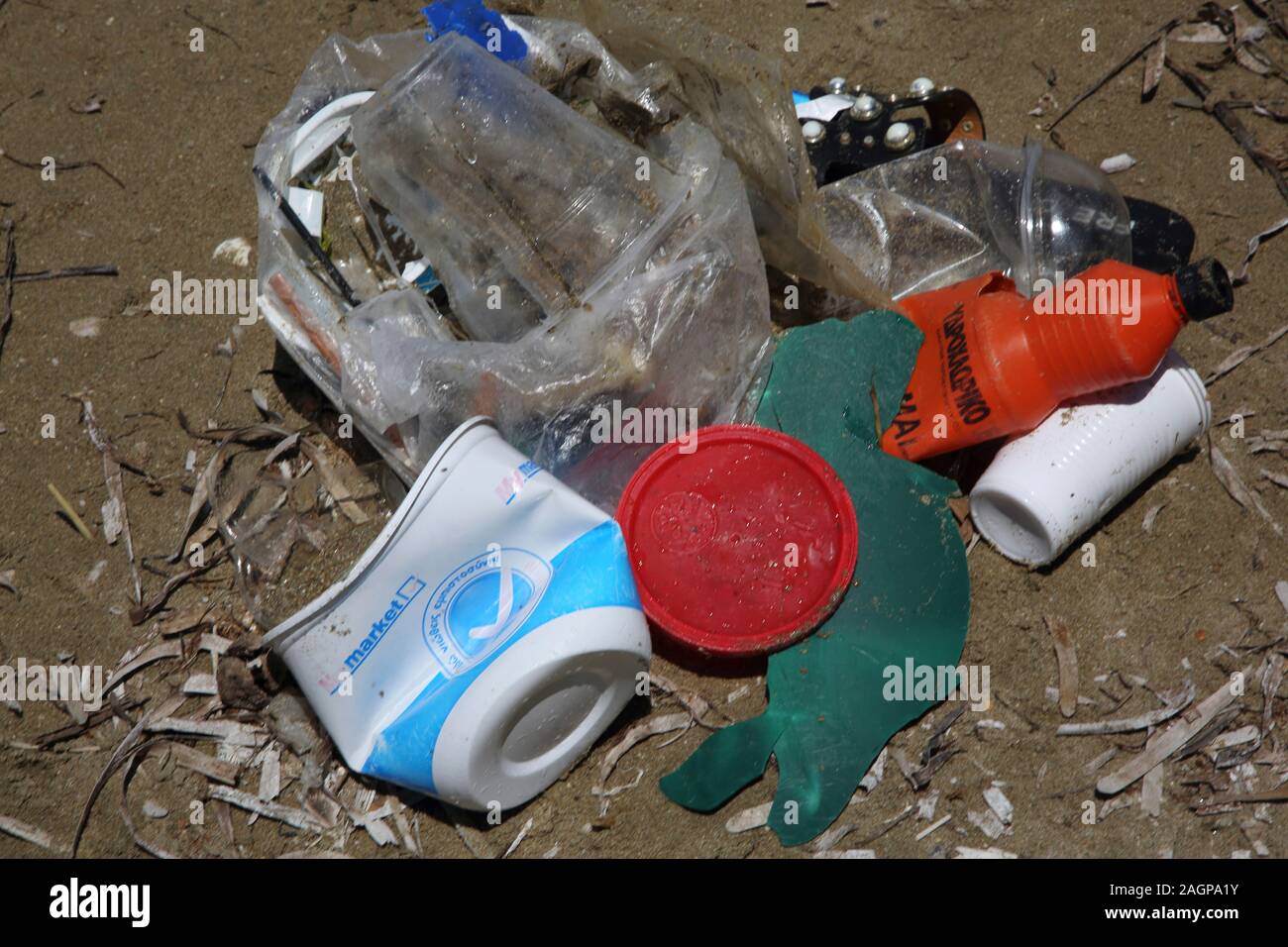 Vouliagmeni Attica Greece Vouliagmeni Beach Plastic washed up on Beach Stock Photo