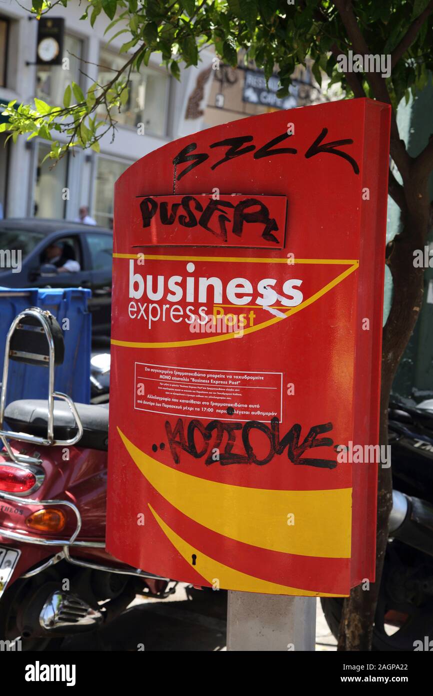 Athens Greece Stadiou Street Graffiti on Business Express Post Box Stock Photo