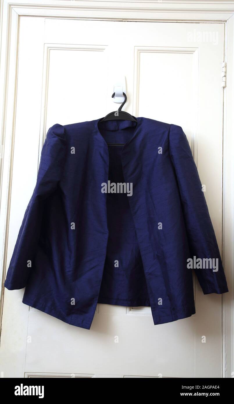 Vintage 1980's Navy Blue Silk Jacket with Shoulder Pads Stock Photo